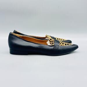 Flattered Shoes Women 8 Black Leather Leopard Calf Hair Loafer Flats Pointed Toe